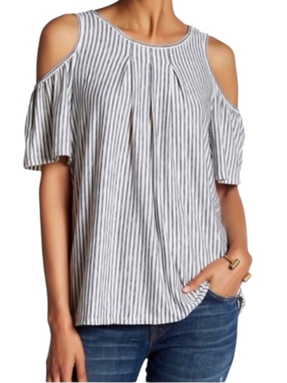 Max Studio Pleated Striped Cold-Shoulder Top